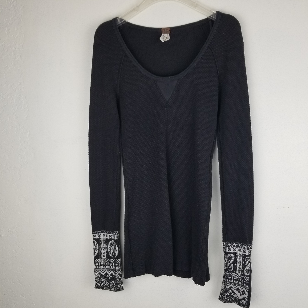 Free People Black Waffle Long Sleeve Cuff Detail